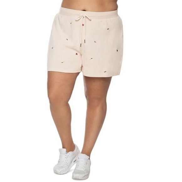 Black Tape_ Pants - Black Tape Women's Embroidered Drawstring Shorts in Light Floral Pink Size M